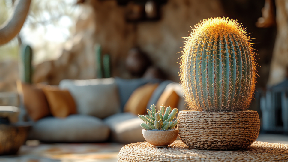 Golden barrel cactus and small succulent on woven table in cozy living room with sofa and warm décor